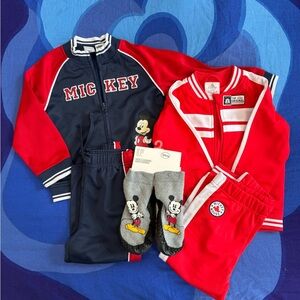 Lot of 2 Disney Red, White, and Blue Mickey Mouse Track Suits with Slippers
